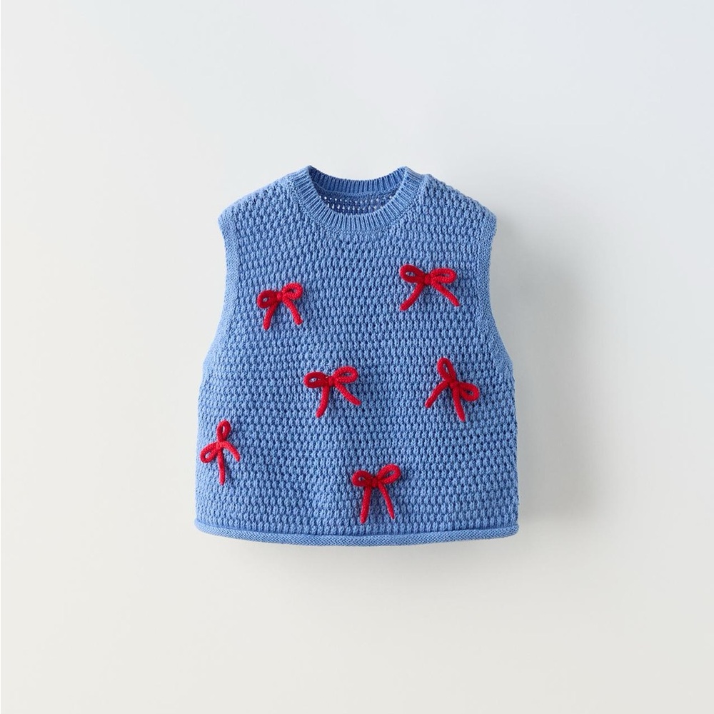 ZARA Blue Knit Top with Red Bows